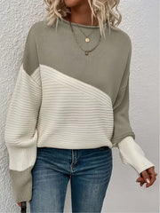 Colorblock Rib-knit Round Neck Drop Shoulder Knitwear Sweater
