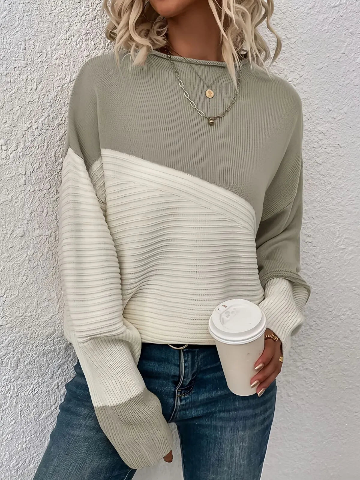 Colorblock Rib-knit Round Neck Drop Shoulder Knitwear Sweater