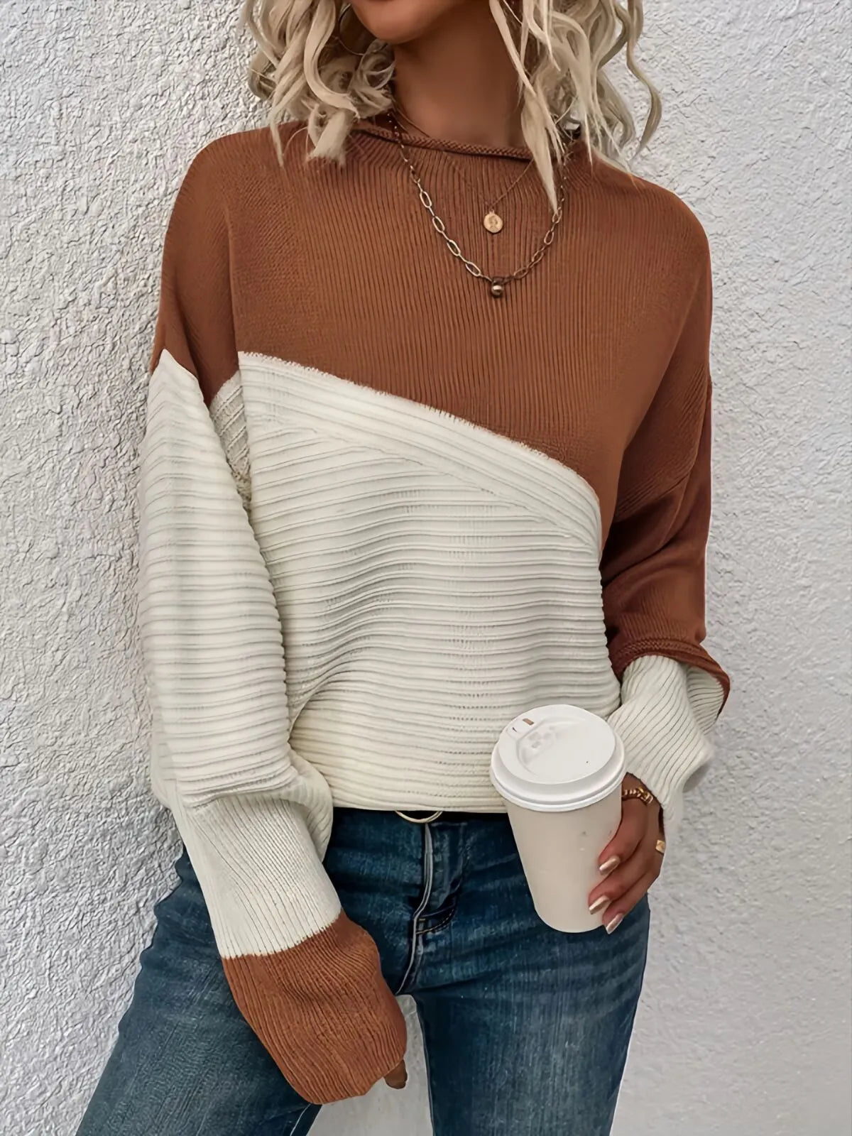 Colorblock Rib-knit Round Neck Drop Shoulder Knitwear Sweater