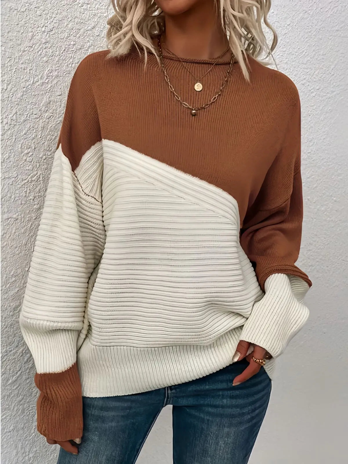 Colorblock Rib-knit Round Neck Drop Shoulder Knitwear Sweater