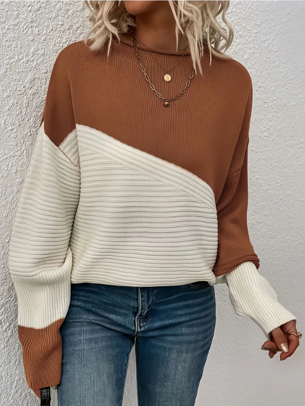 Colorblock Rib-knit Round Neck Drop Shoulder Knitwear Sweater