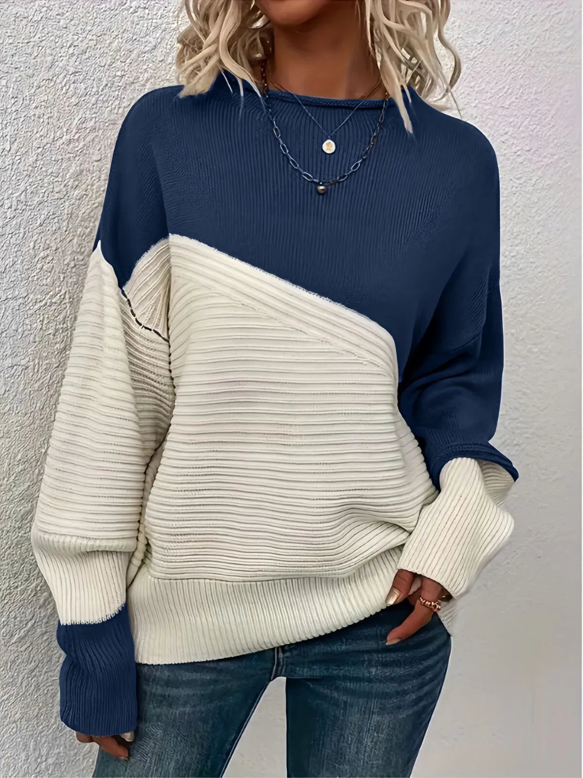 Colorblock Rib-knit Round Neck Drop Shoulder Knitwear Sweater