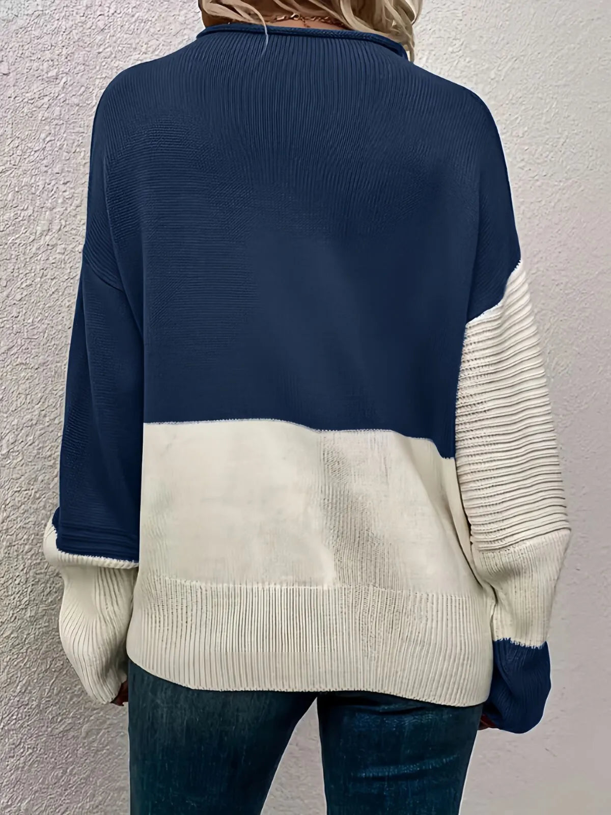 Colorblock Rib-knit Round Neck Drop Shoulder Knitwear Sweater