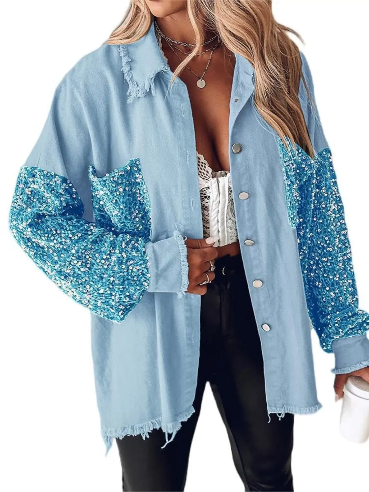 Colorblock Sequin Raw Hem Shacket Lapel Denim Bomber Jacket