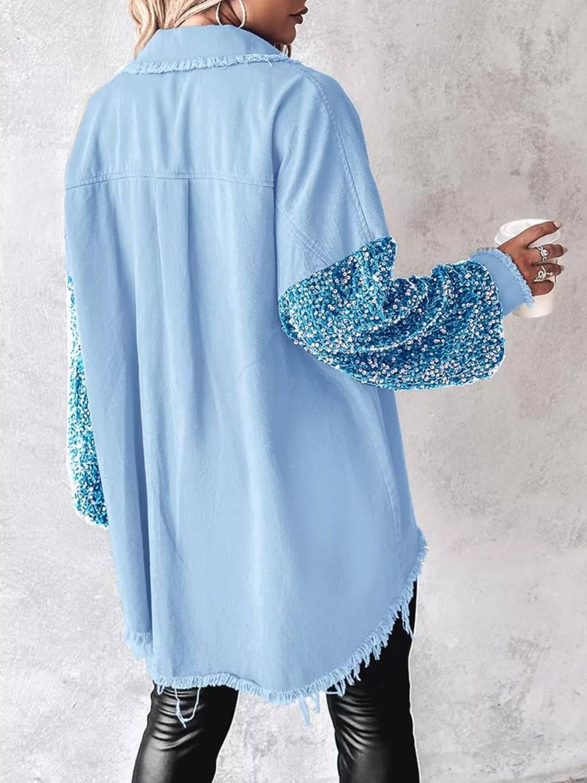 Colorblock Sequin Raw Hem Shacket Lapel Denim Bomber Jacket