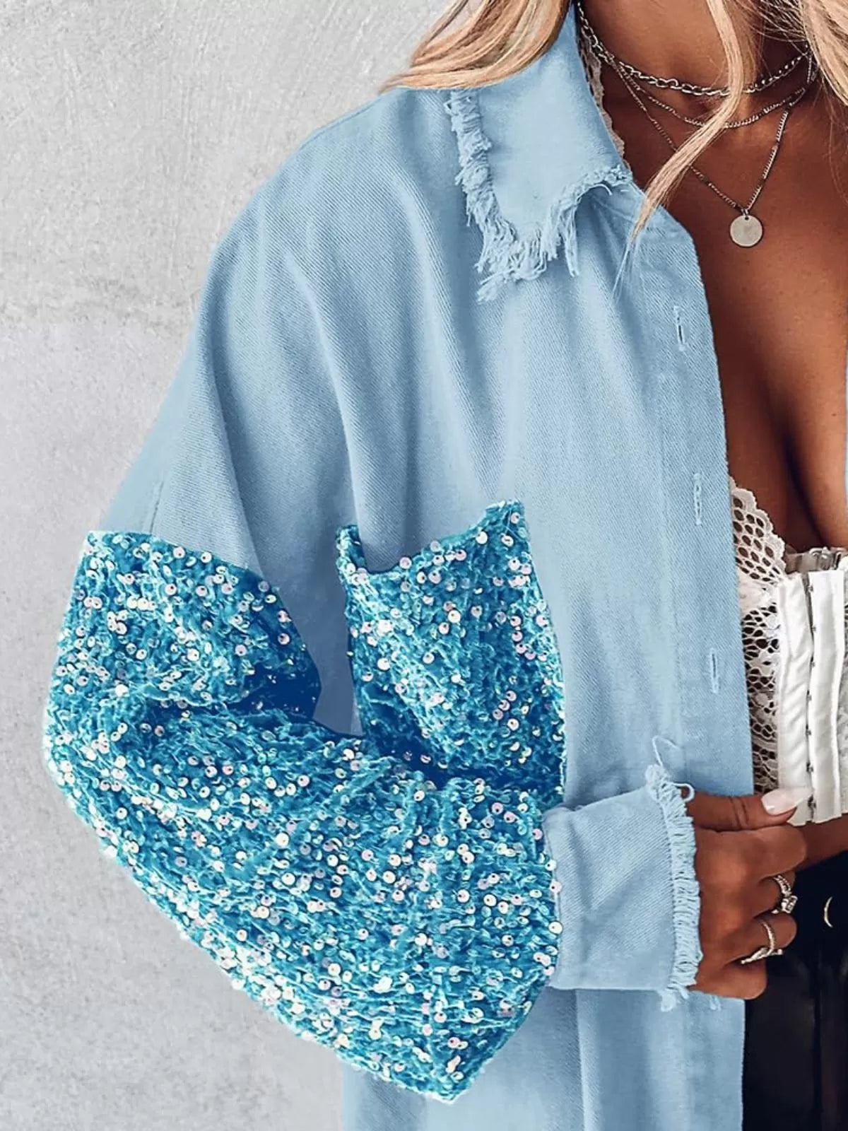 Colorblock Sequin Raw Hem Shacket Lapel Denim Bomber Jacket