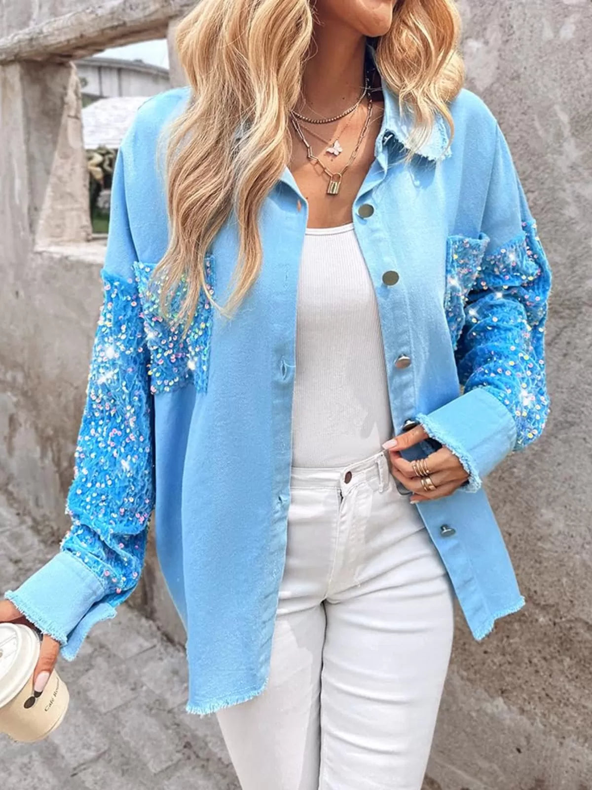 Colorblock Sequin Raw Hem Shacket Lapel Denim Bomber Jacket