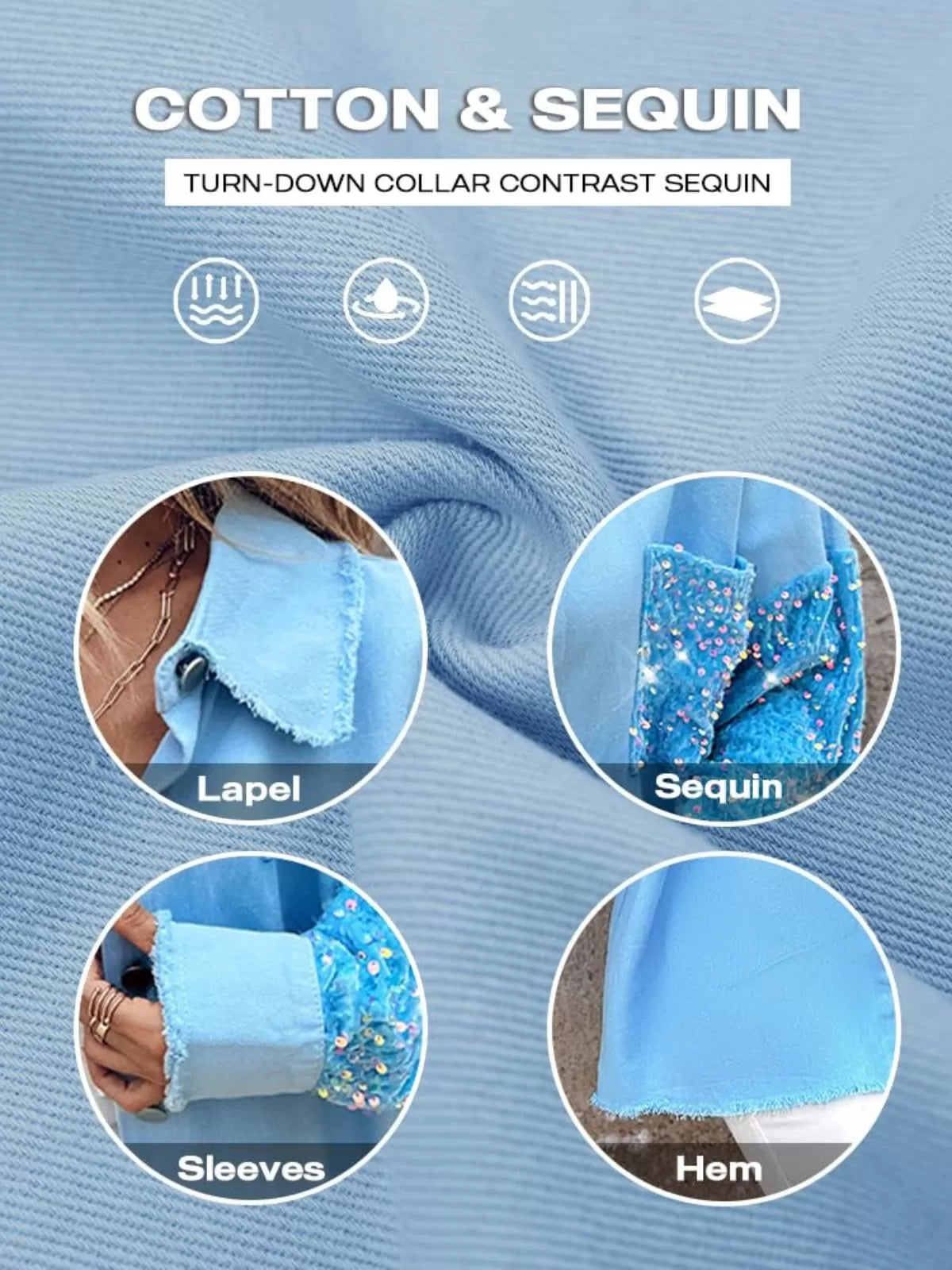 Colorblock Sequin Raw Hem Shacket Lapel Denim Bomber Jacket