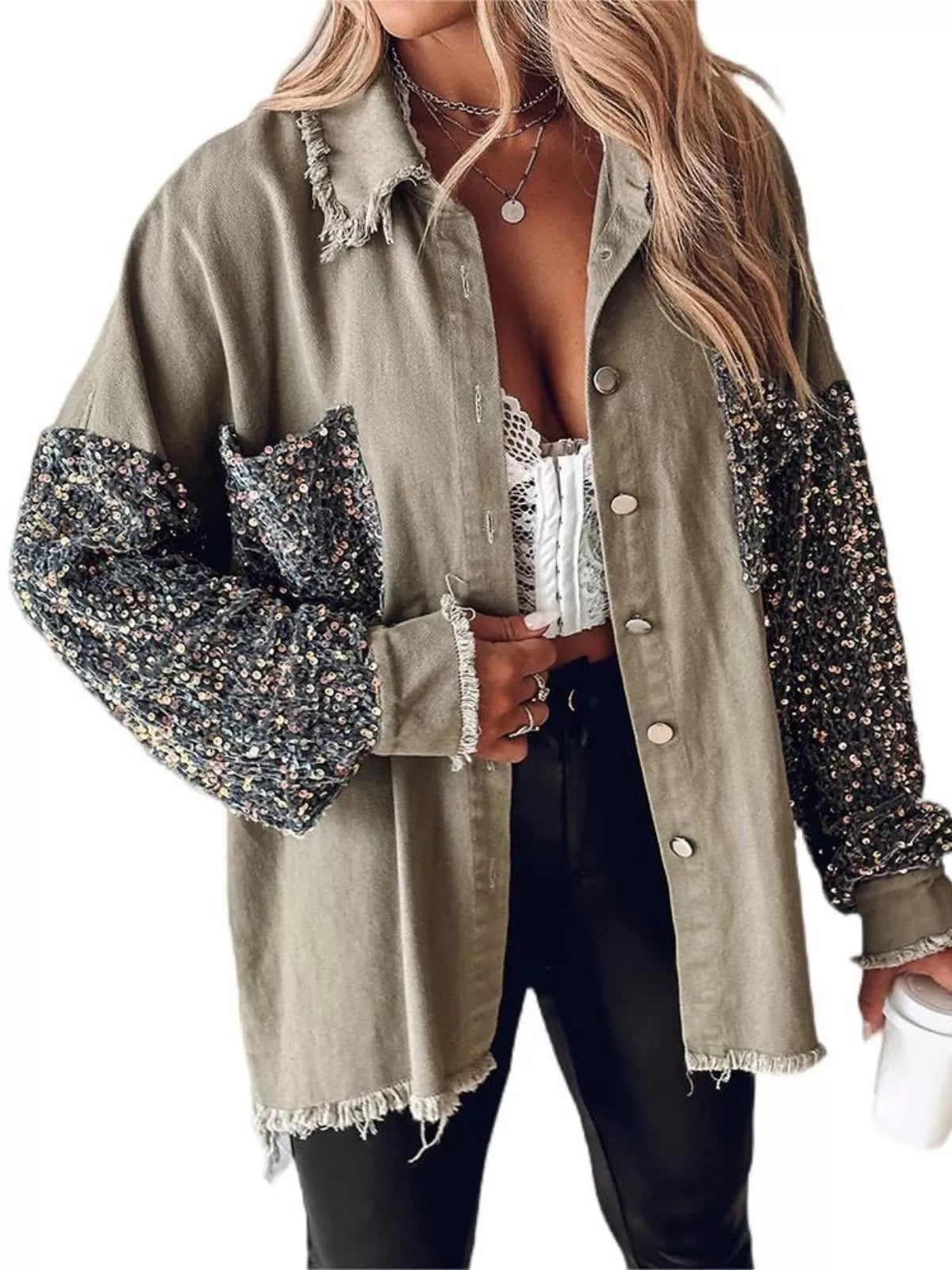 Colorblock Sequin Raw Hem Shacket Lapel Denim Bomber Jacket