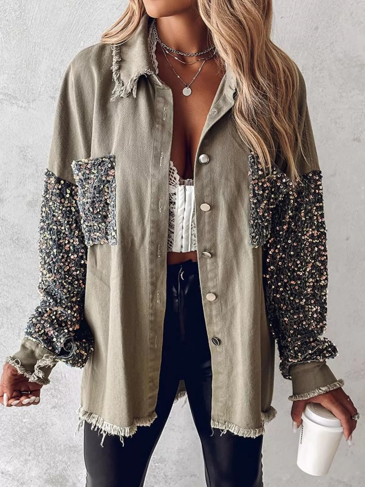 Colorblock Sequin Raw Hem Shacket Lapel Denim Bomber Jacket