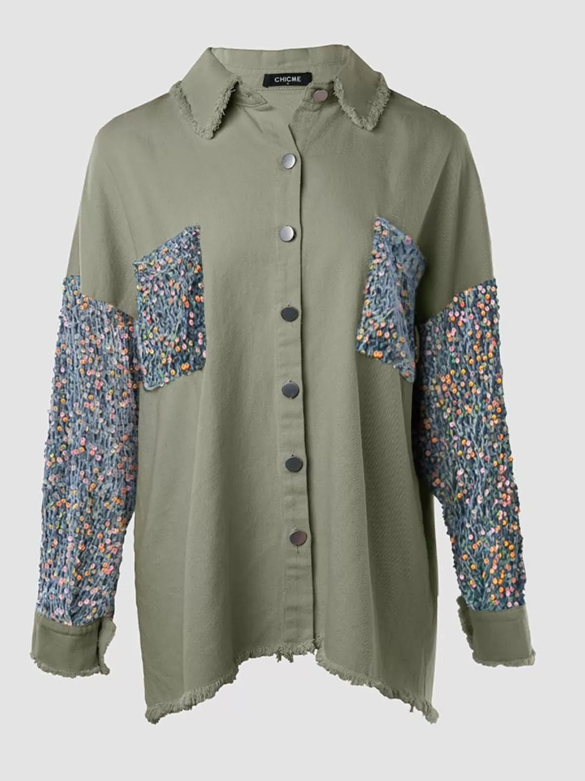 Colorblock Sequin Raw Hem Shacket Lapel Denim Bomber Jacket