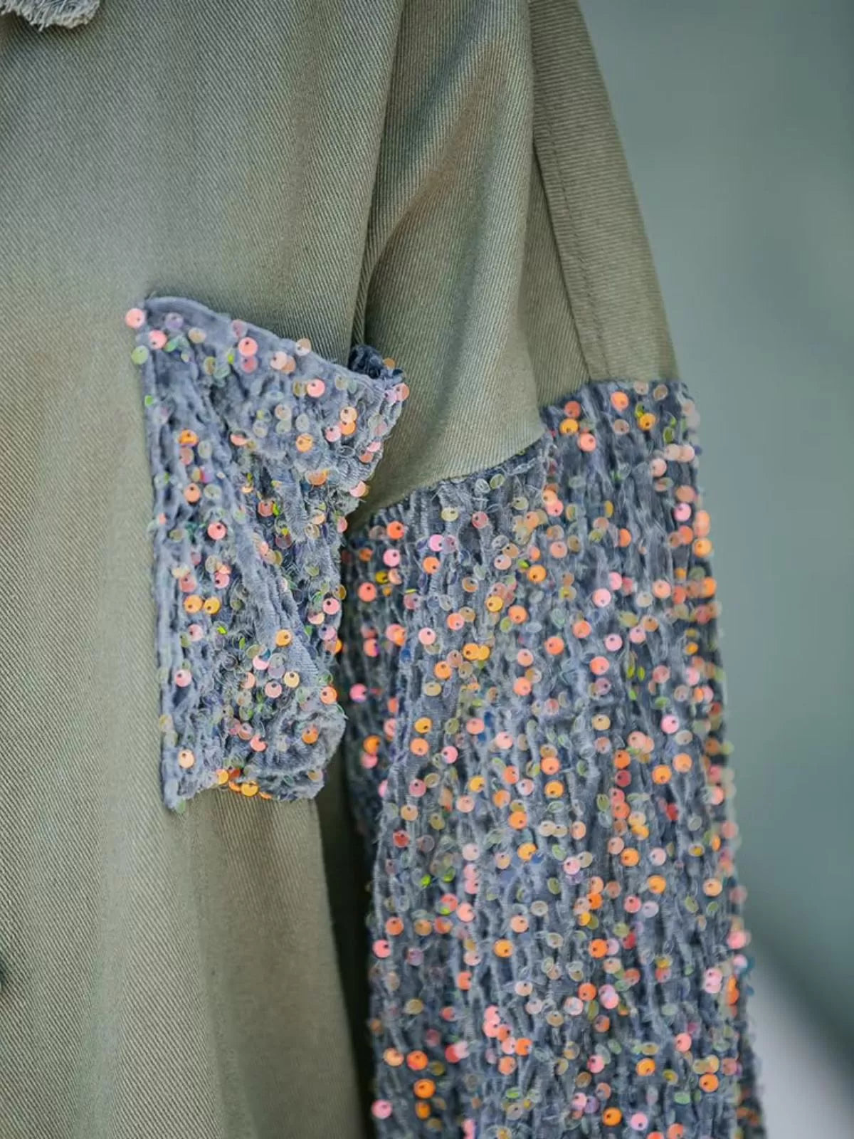 Colorblock Sequin Raw Hem Shacket Lapel Denim Bomber Jacket