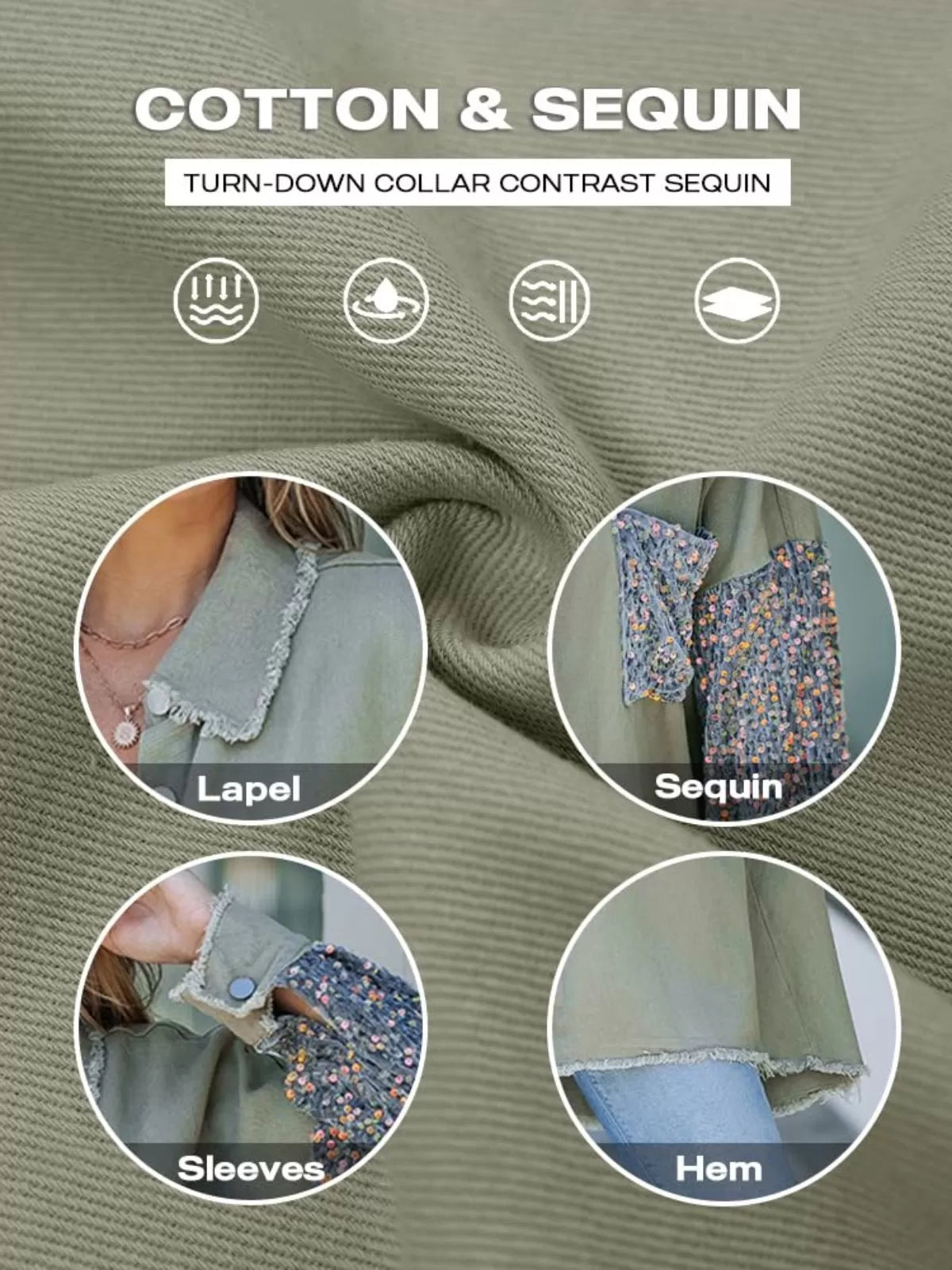 Colorblock Sequin Raw Hem Shacket Lapel Denim Bomber Jacket