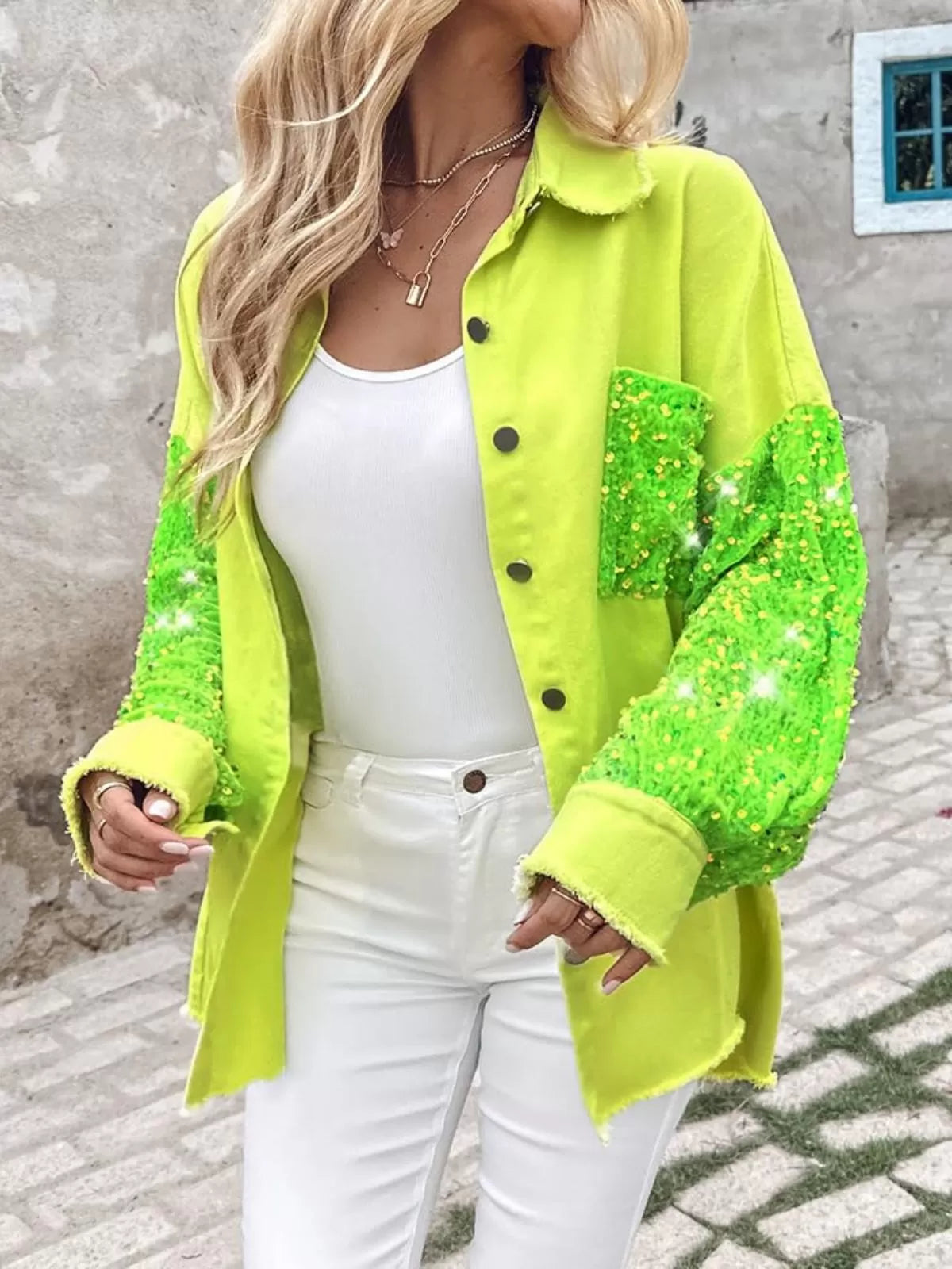 Colorblock Sequin Raw Hem Shacket Lapel Denim Bomber Jacket