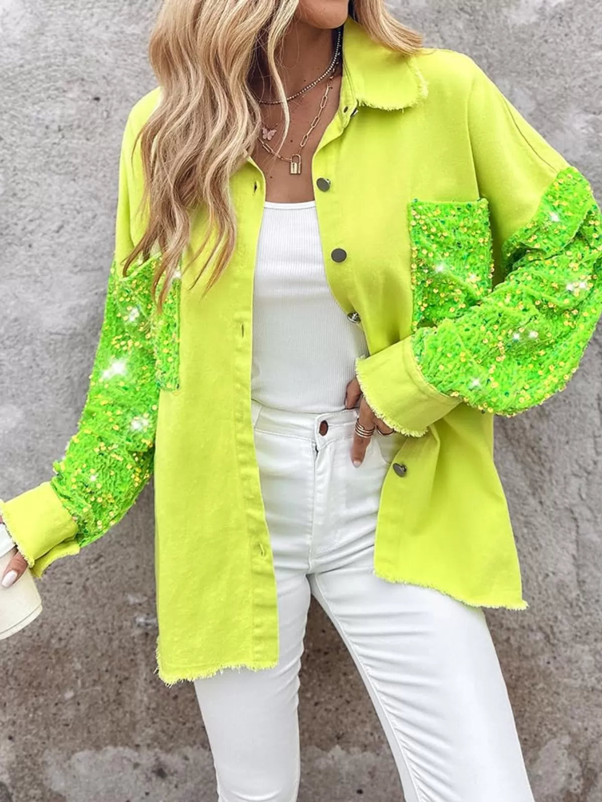Colorblock Sequin Raw Hem Shacket Lapel Denim Bomber Jacket