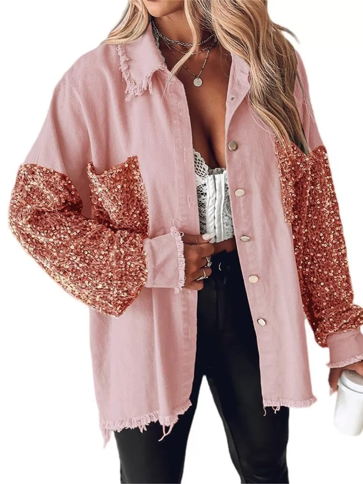 Colorblock Sequin Raw Hem Shacket Lapel Denim Bomber Jacket