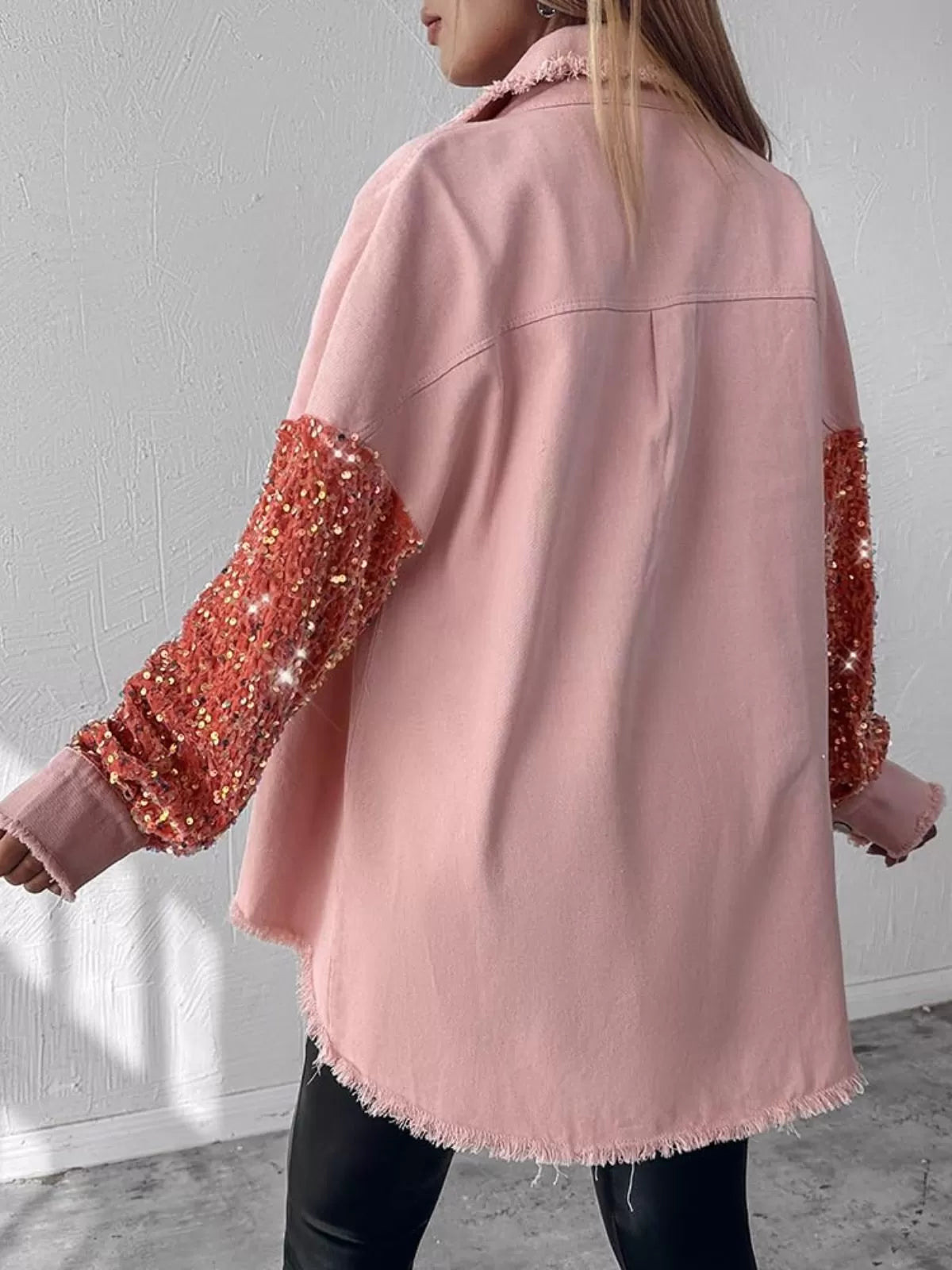 Colorblock Sequin Raw Hem Shacket Lapel Denim Bomber Jacket