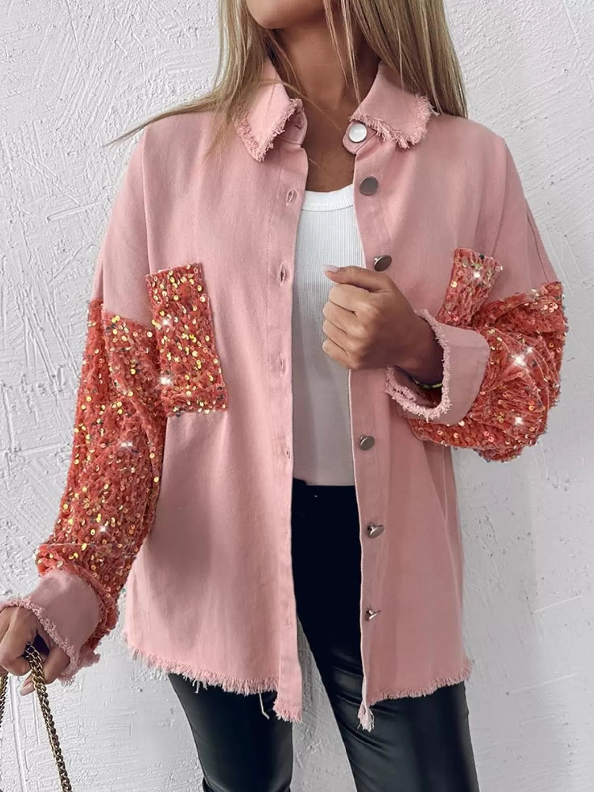 Colorblock Sequin Raw Hem Shacket Lapel Denim Bomber Jacket