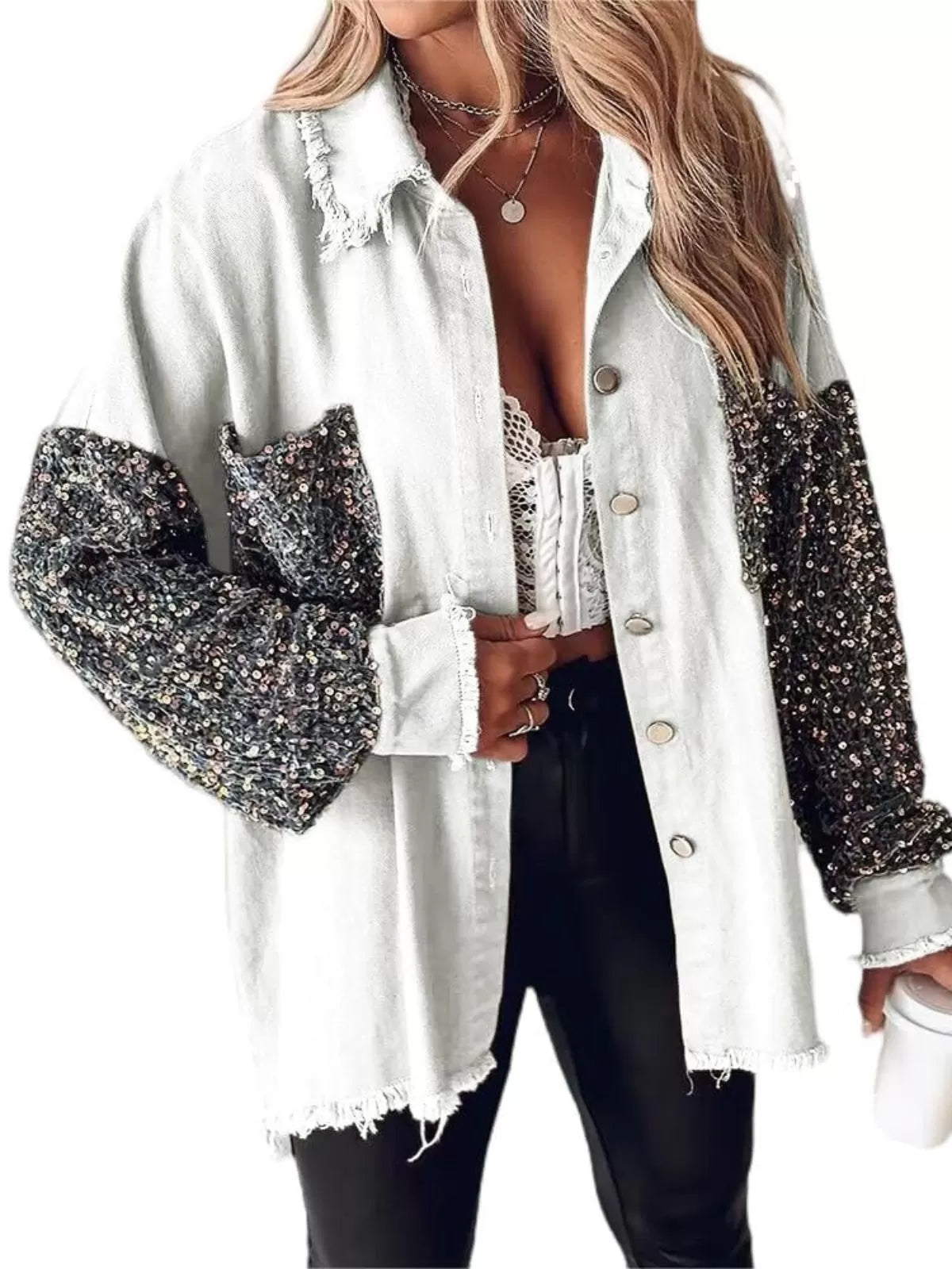 Colorblock Sequin Raw Hem Shacket Lapel Denim Bomber Jacket
