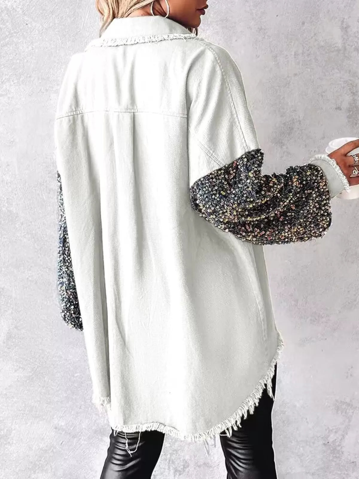 Colorblock Sequin Raw Hem Shacket Lapel Denim Bomber Jacket