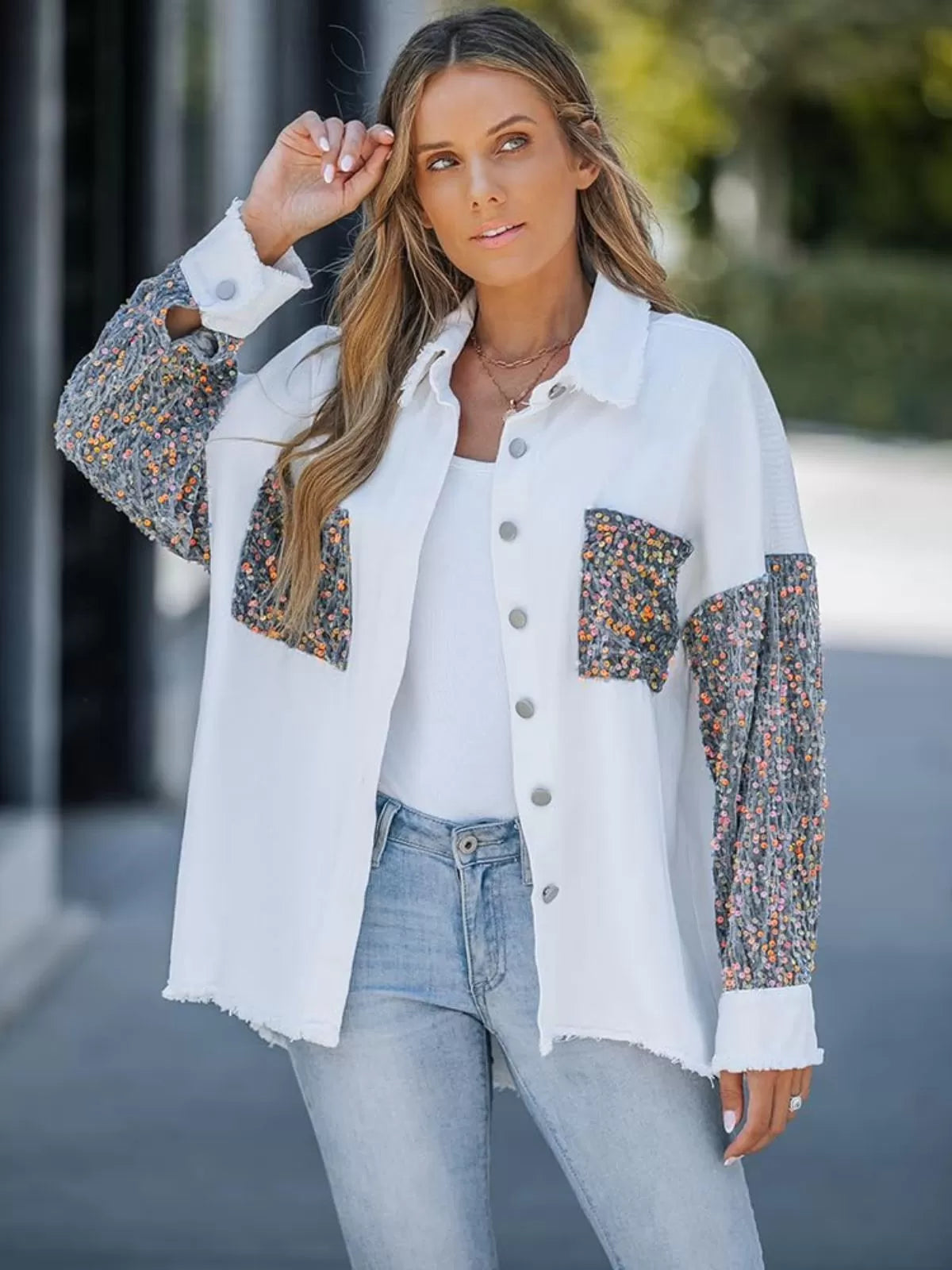 Colorblock Sequin Raw Hem Shacket Lapel Denim Bomber Jacket