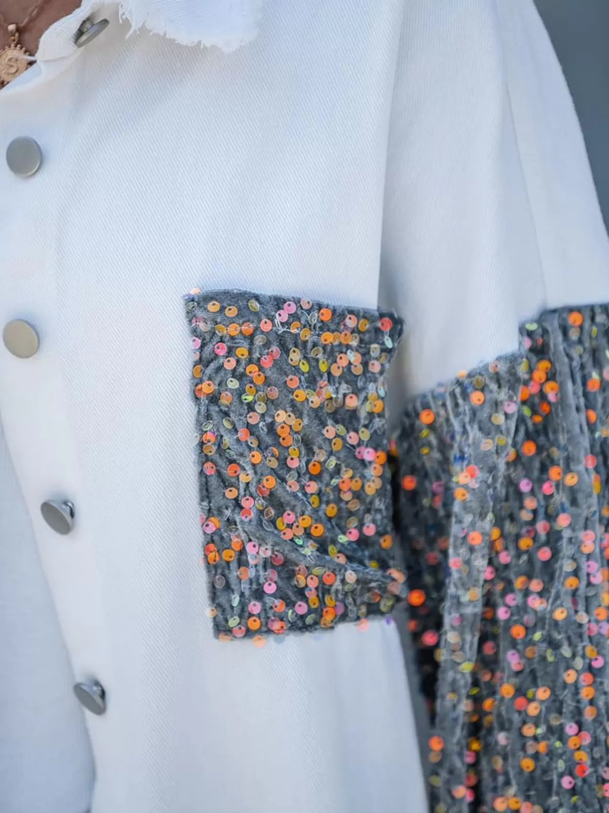 Colorblock Sequin Raw Hem Shacket Lapel Denim Bomber Jacket