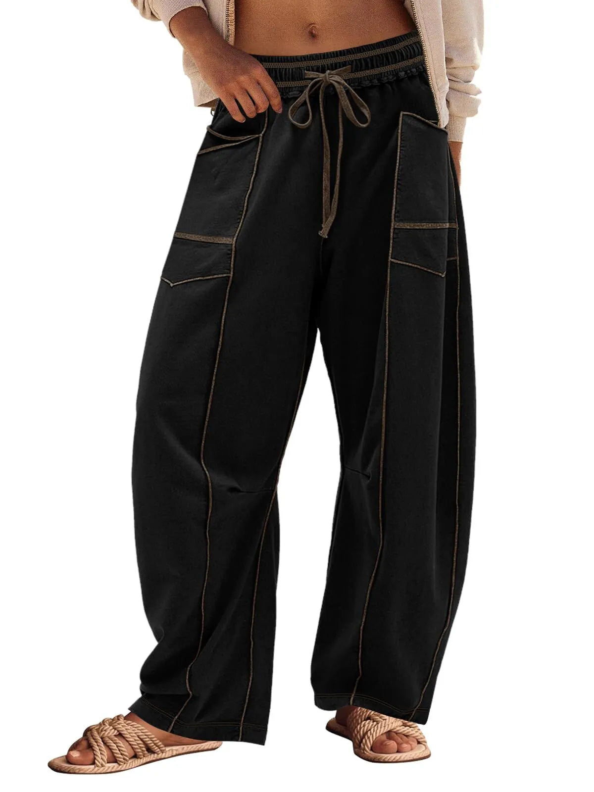 Athletic Baggy Colorblock Soft Fabric Vogue Design Stitching Medium Rise Palazzo Pants