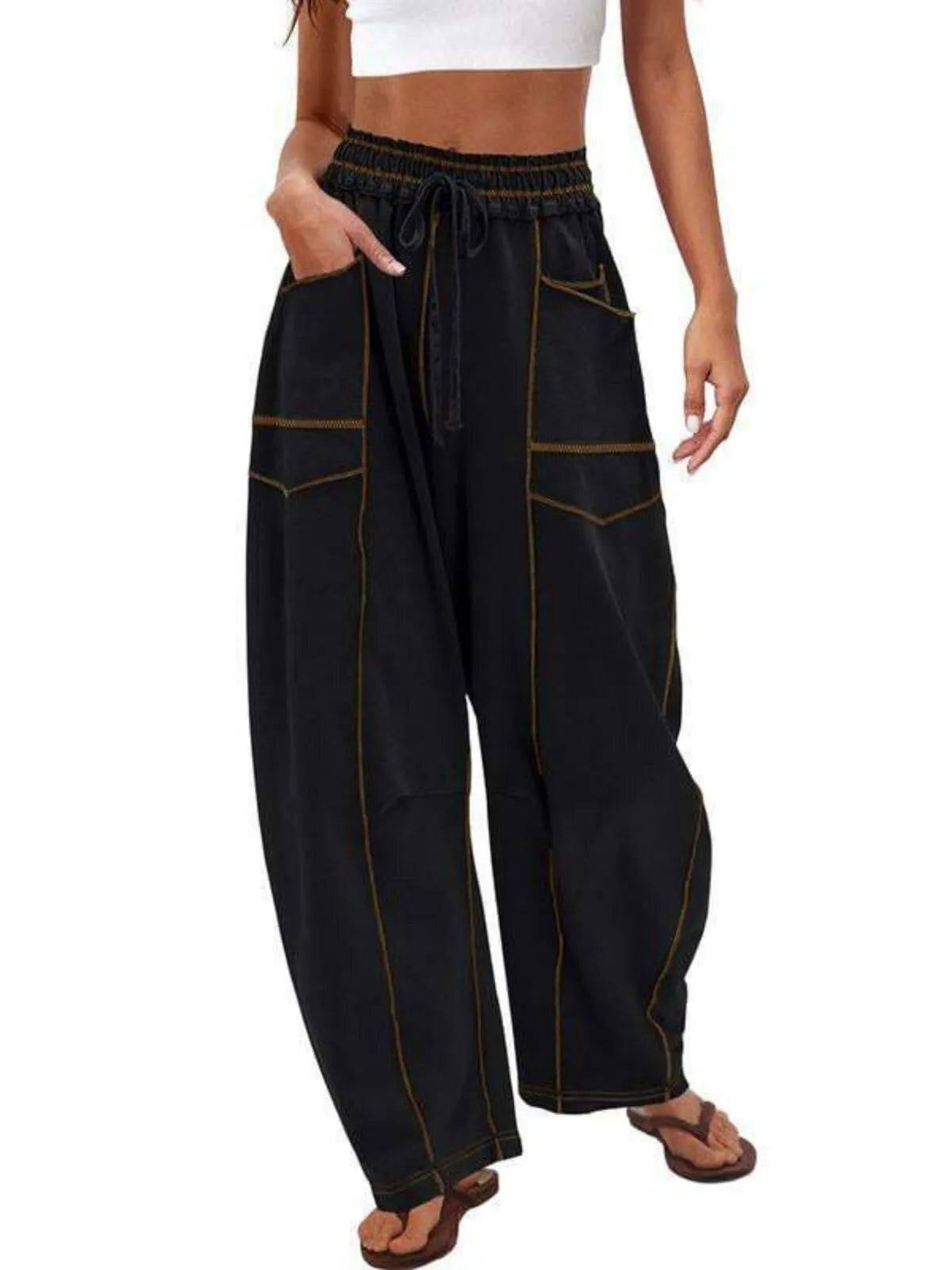 Athletic Baggy Colorblock Soft Fabric Vogue Design Stitching Medium Rise Palazzo Pants
