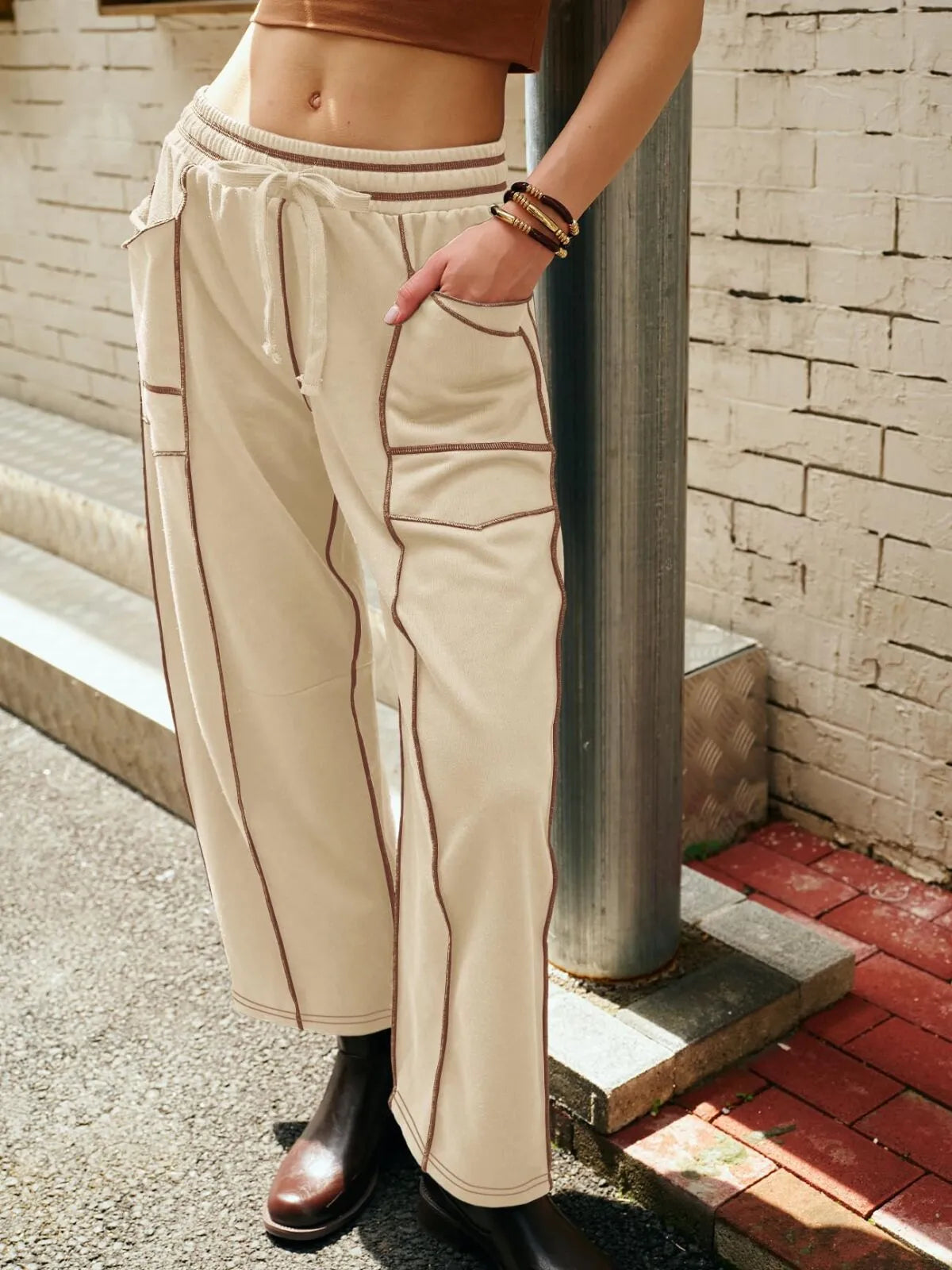 Athletic Baggy Colorblock Soft Fabric Vogue Design Stitching Medium Rise Palazzo Pants