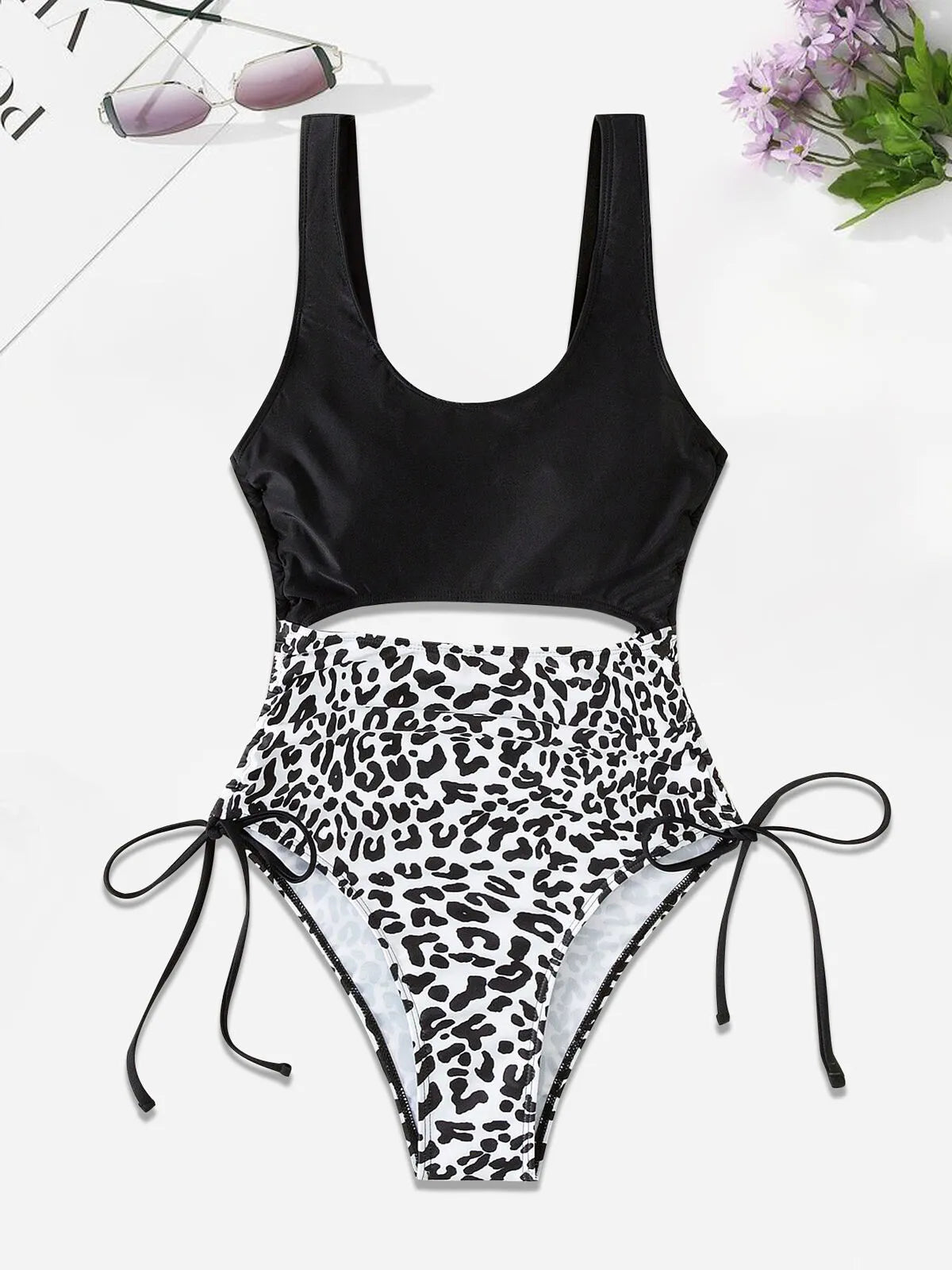 Cow Skin Print Hollow Out Fabric One-piece