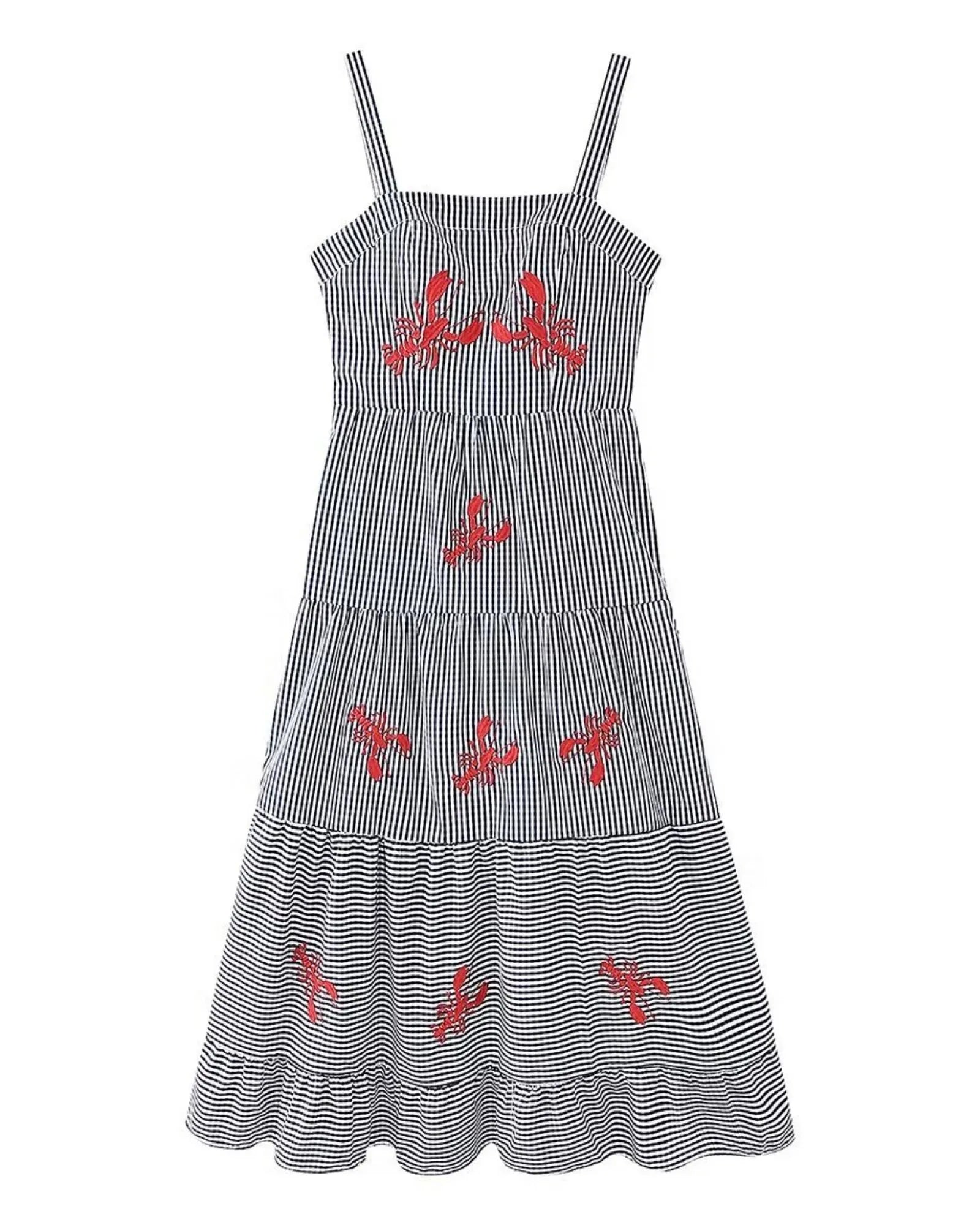 Crab Embroidery Plaid Spaghetti Strap Tiered Dress