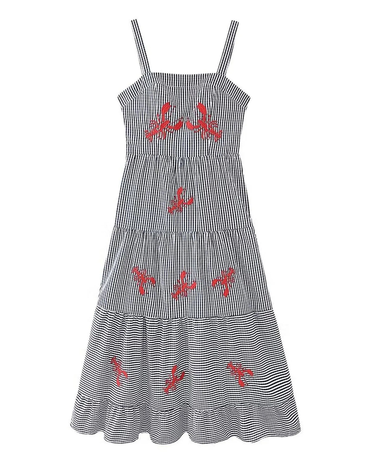Crab Embroidery Plaid Spaghetti Strap Tiered Dress