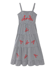 Crab Embroidery Plaid Spaghetti Strap Tiered Dress