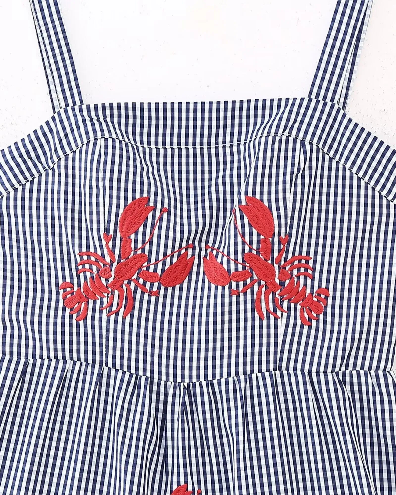 Crab Embroidery Plaid Spaghetti Strap Tiered Dress