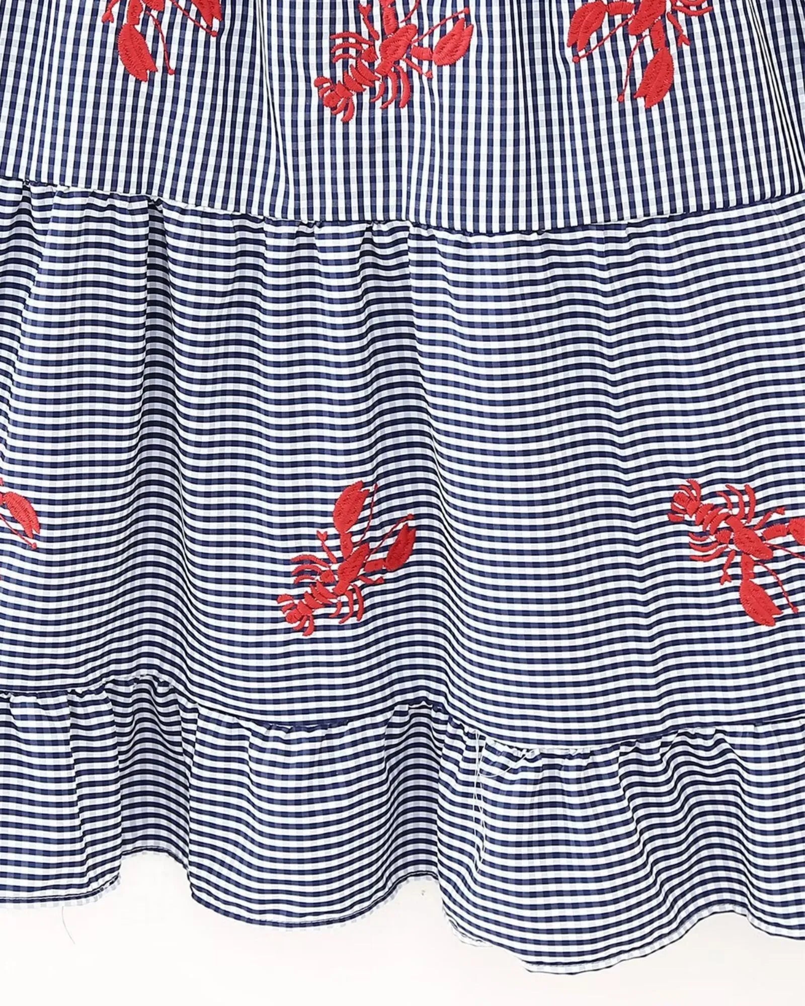 Crab Embroidery Plaid Spaghetti Strap Tiered Dress