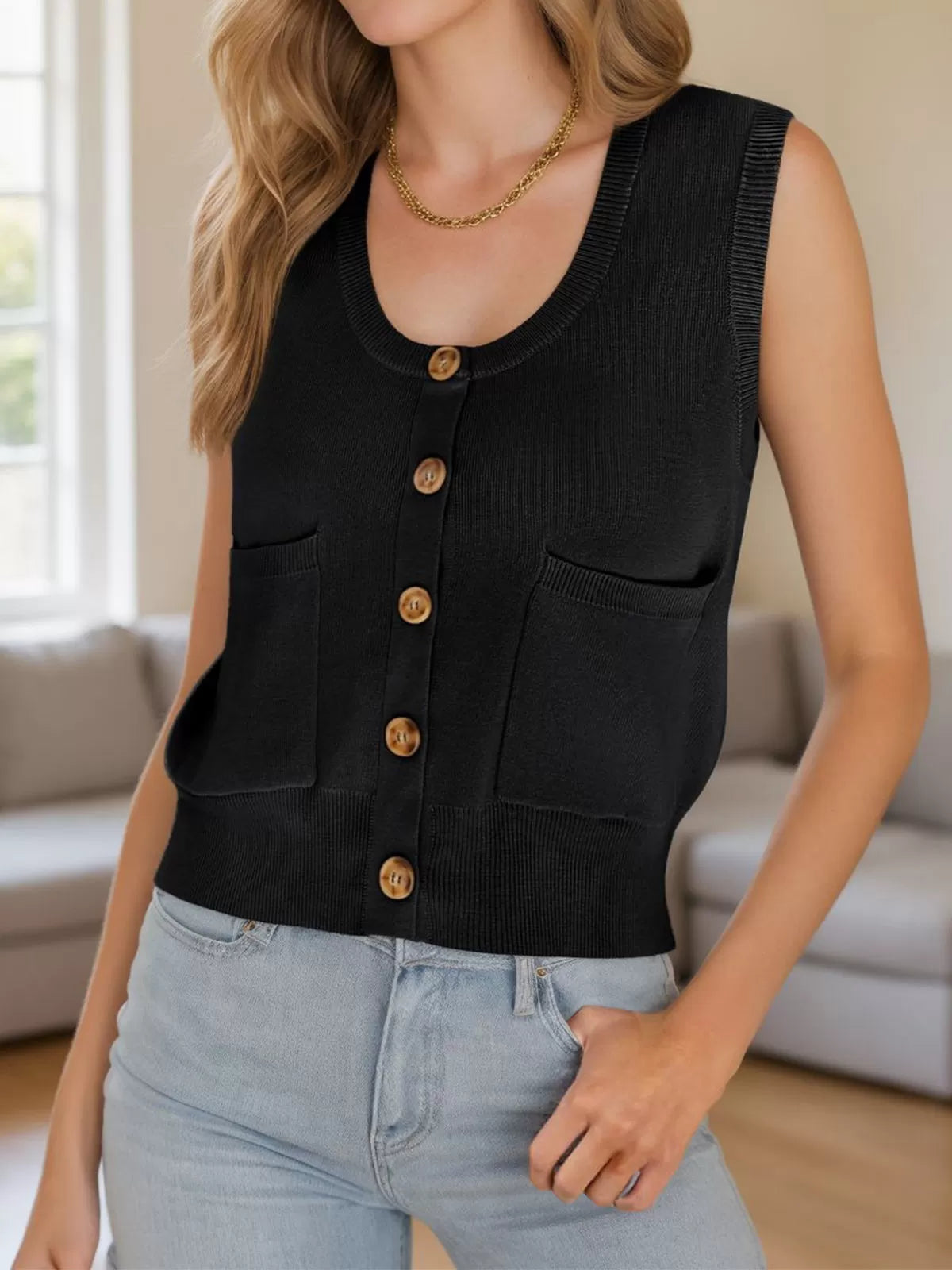 Crocheting Round Neck Sleeveless Crocheted Sweater