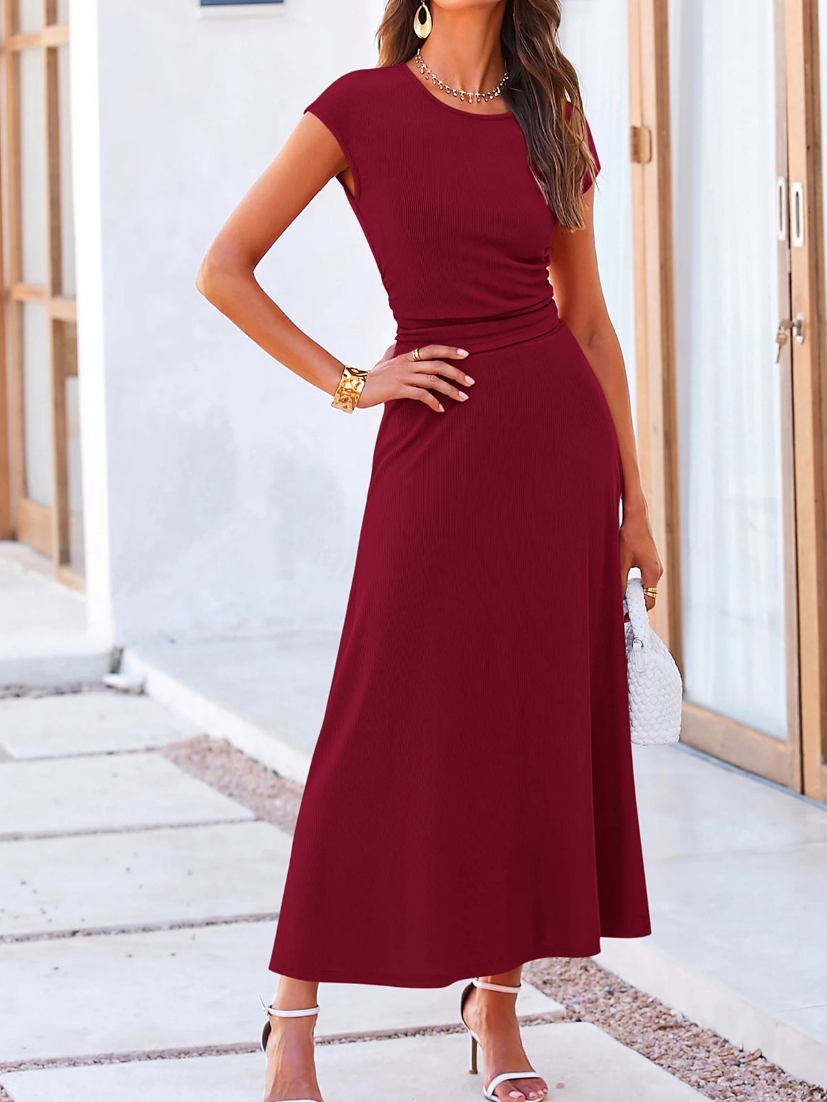 Solid Casual Knit Round Neck Wrinkle Crop Top & Solid High Waist Midi Skirt Set