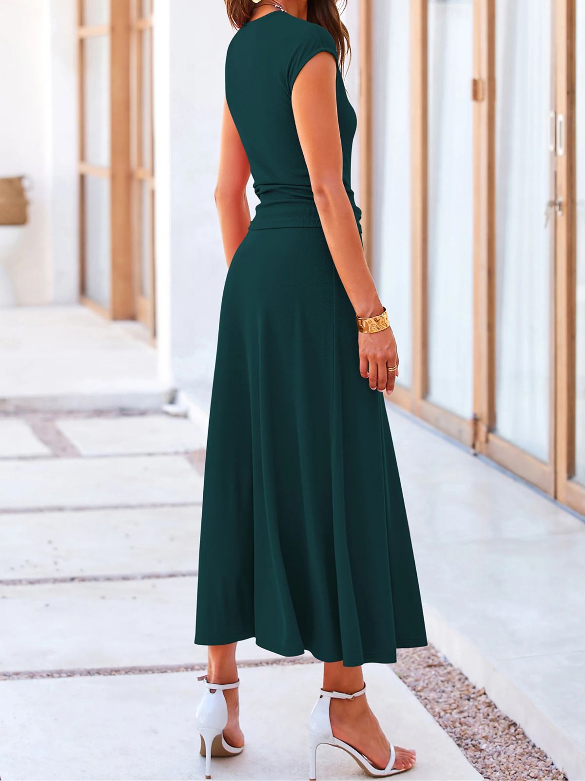 Solid Casual Knit Round Neck Wrinkle Crop Top & Solid High Waist Midi Skirt Set