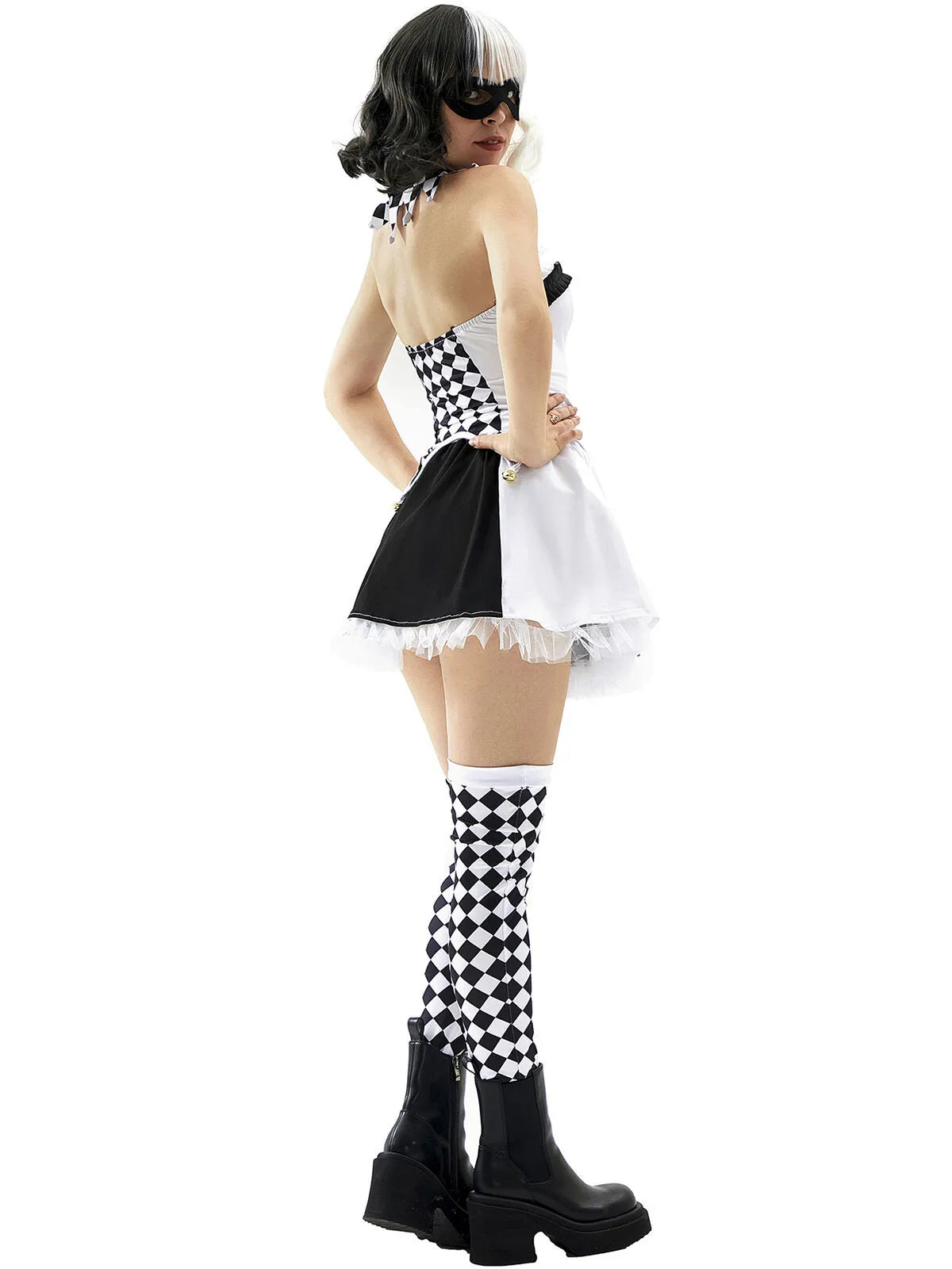 Diamond Check Halloween Cosplay Demon Fairy Tale Strapless Bells Top & Colorblock Shorts, Including choker and thigh-high socks