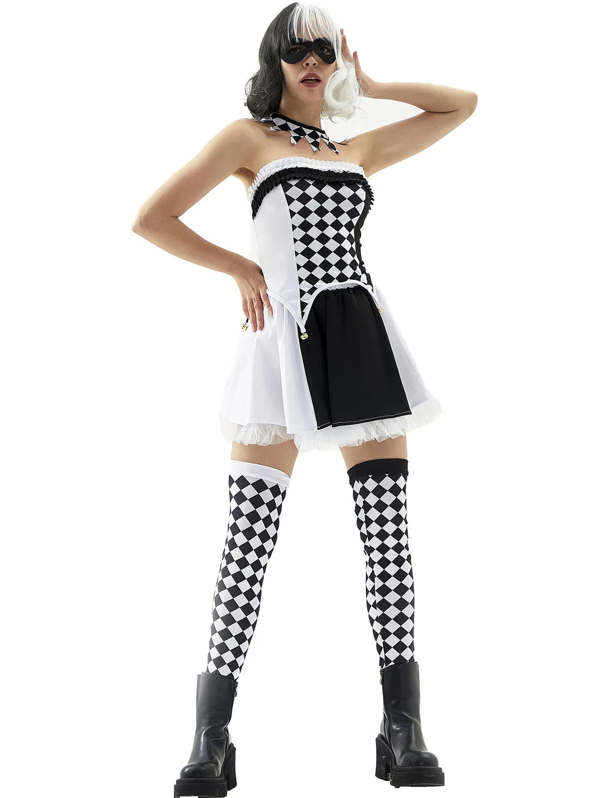 Diamond Check Halloween Cosplay Demon Fairy Tale Strapless Bells Top & Colorblock Shorts, Including choker and thigh-high socks