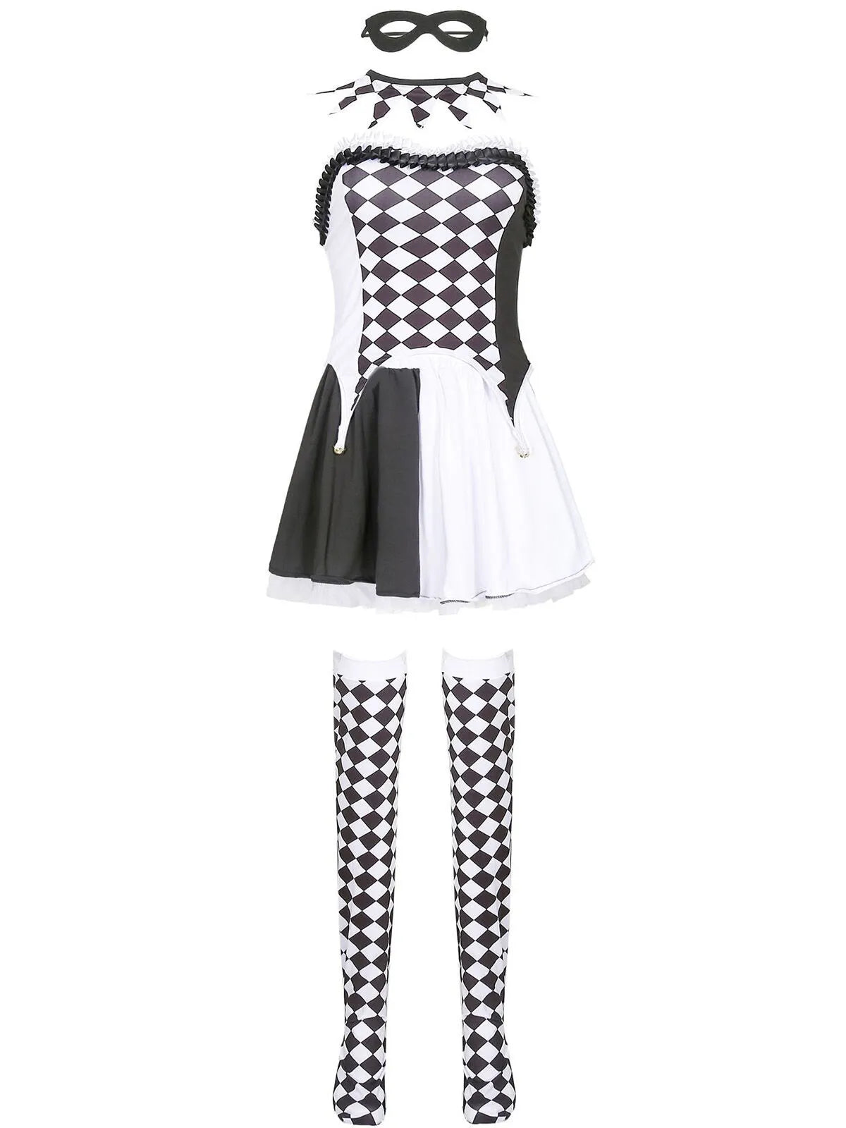 Diamond Check Halloween Cosplay Demon Fairy Tale Strapless Bells Top & Colorblock Shorts, Including choker and thigh-high socks