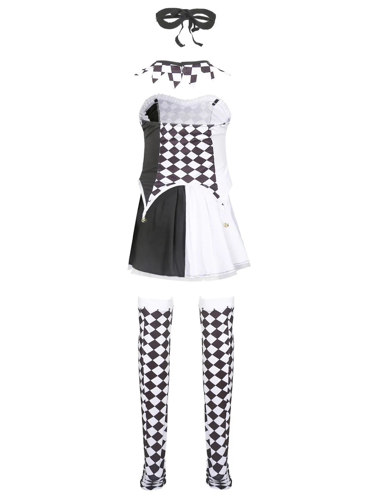 Diamond Check Halloween Cosplay Demon Fairy Tale Strapless Bells Top & Colorblock Shorts, Including choker and thigh-high socks