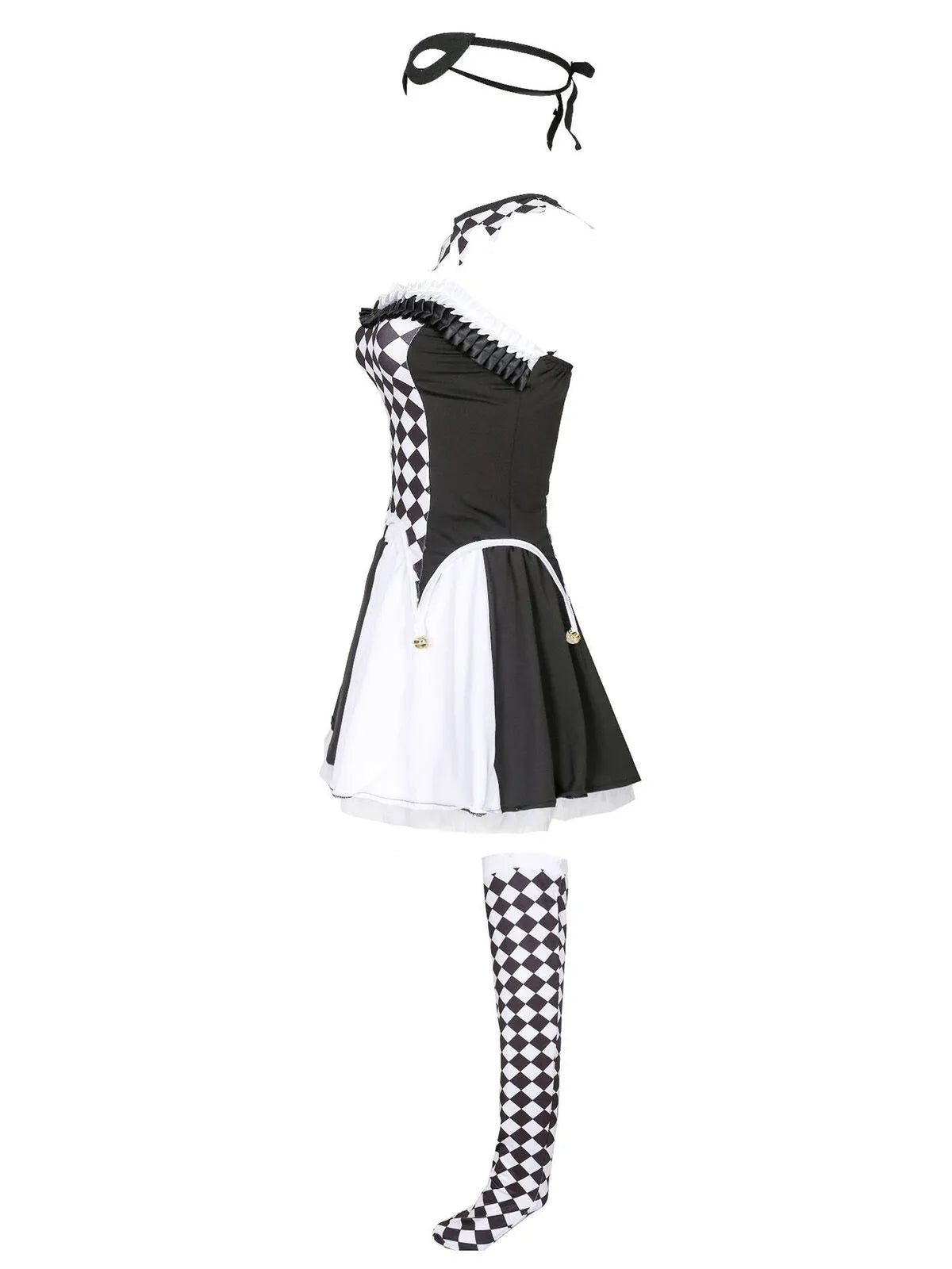 Diamond Check Halloween Cosplay Demon Fairy Tale Strapless Bells Top & Colorblock Shorts, Including choker and thigh-high socks
