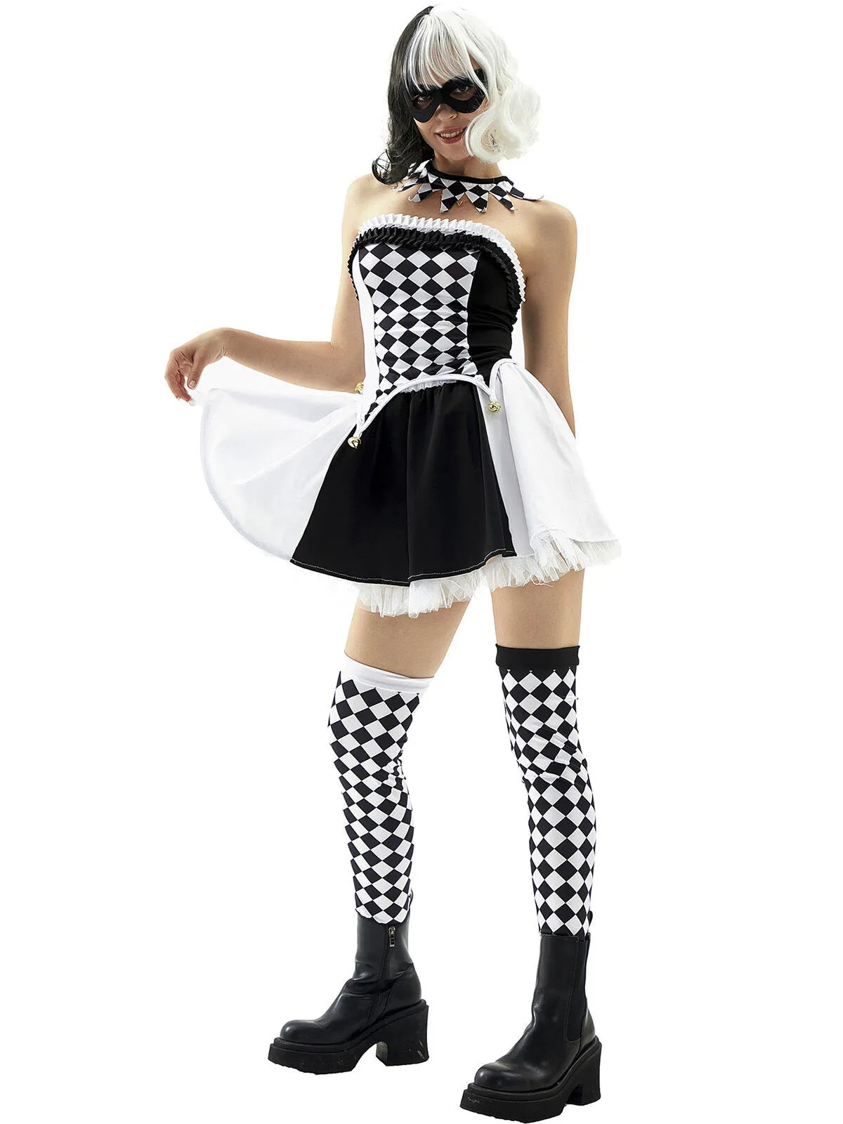 Diamond Check Halloween Cosplay Demon Fairy Tale Strapless Bells Top & Colorblock Shorts, Including choker and thigh-high socks