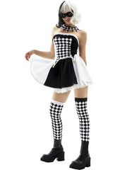 Diamond Check Halloween Cosplay Demon Fairy Tale Strapless Bells Top & Colorblock Shorts, Including choker and thigh-high socks