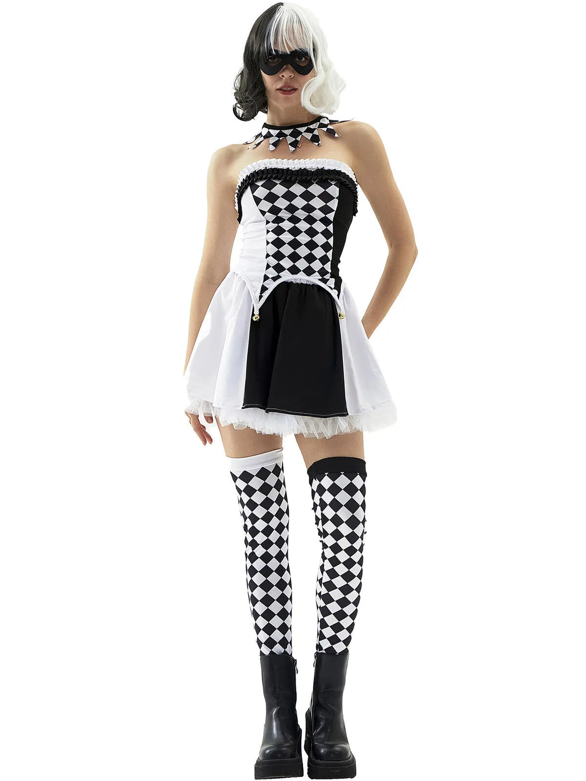 Diamond Check Halloween Cosplay Demon Fairy Tale Strapless Bells Top & Colorblock Shorts, Including choker and thigh-high socks