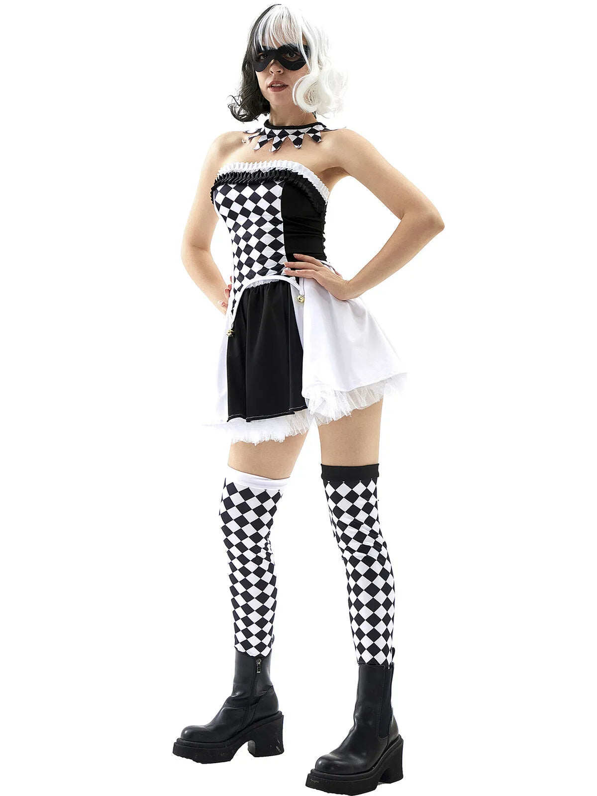 Diamond Check Halloween Cosplay Demon Fairy Tale Strapless Bells Top & Colorblock Shorts, Including choker and thigh-high socks