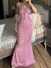 Ditsy Floral Elegant Backless Lace-up Spaghetti Strap Bodycon Dress