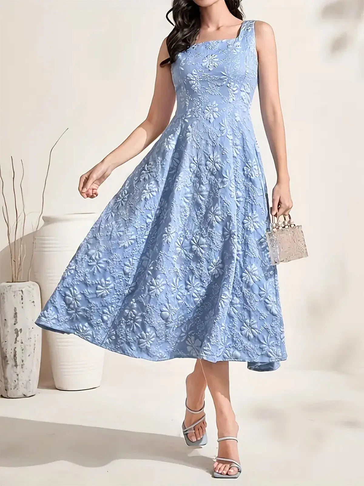 Ditsy Floral Elegant Square Neck A-line Dress