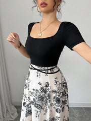 Ditsy Floral Elegant Tie Back Square Neck A-line Dress